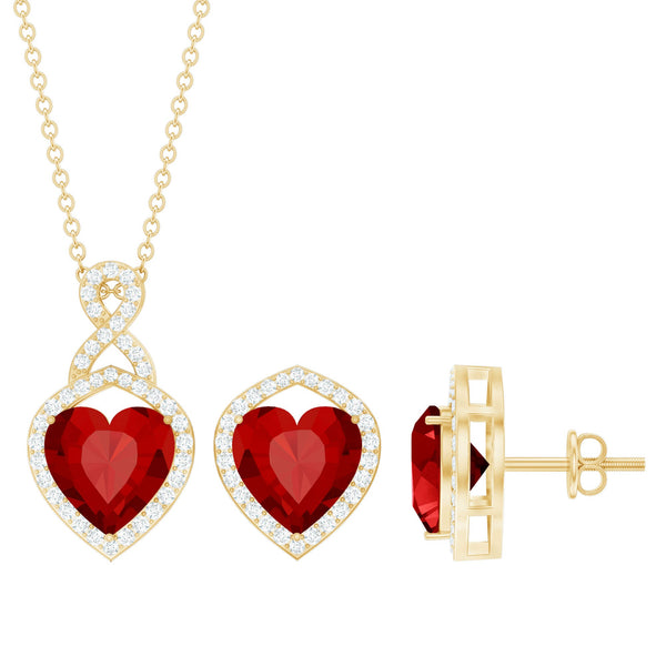 6 Carat Heart Shape Lab Created Ruby Pendant and Earrings Set Rosec Jewels