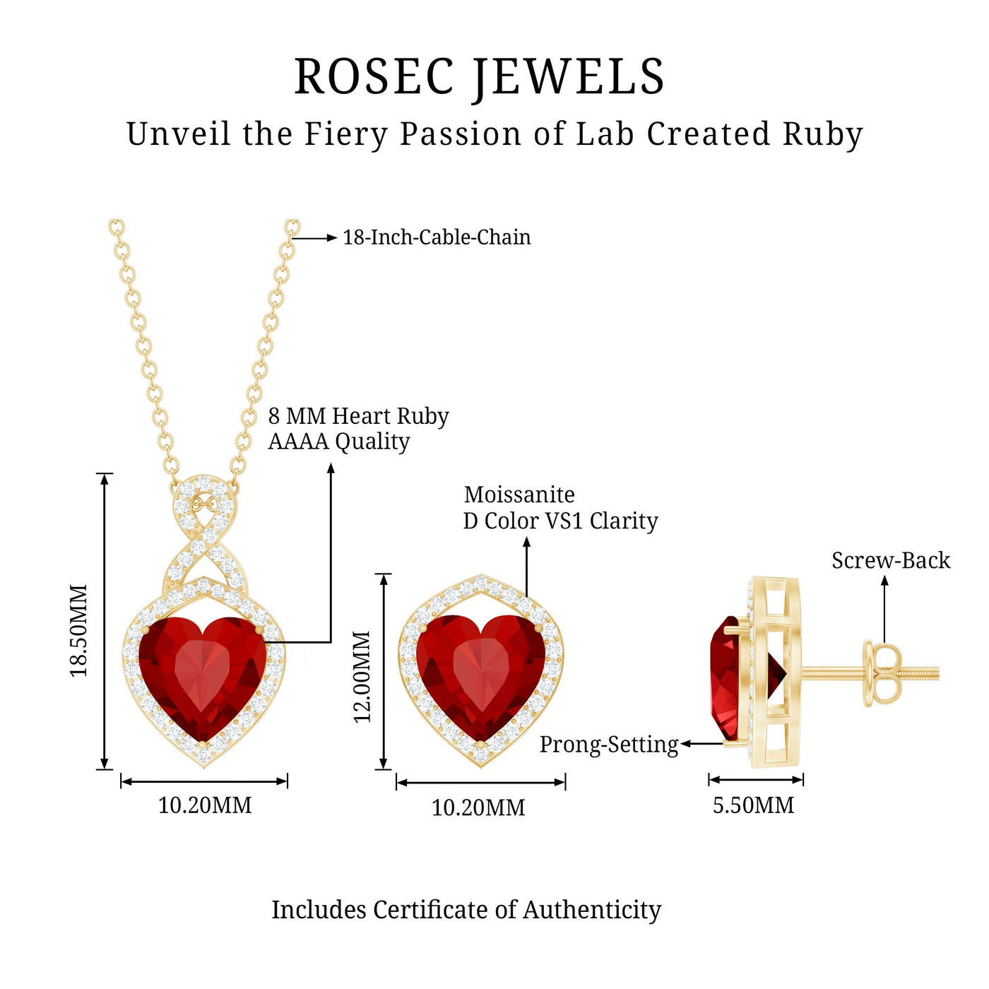 6 Carat Heart Shape Lab Created Ruby Pendant and Earrings Set Rosec Jewels