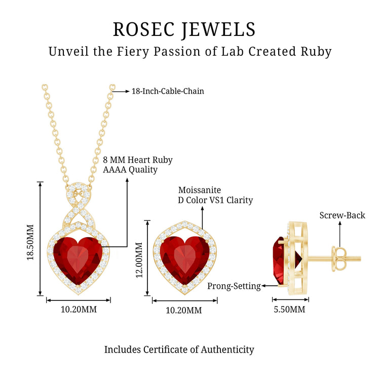 6 Carat Heart Shape Lab Created Ruby Pendant and Earrings Set Rosec Jewels