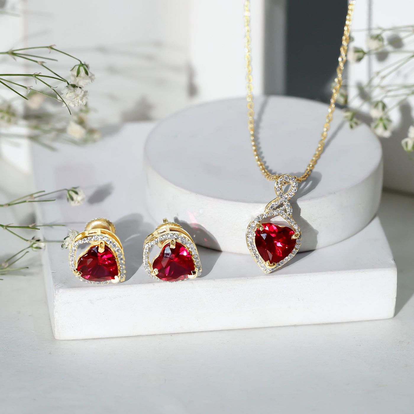 6 Carat Heart Shape Lab Created Ruby Pendant and Earrings Set Rosec Jewels
