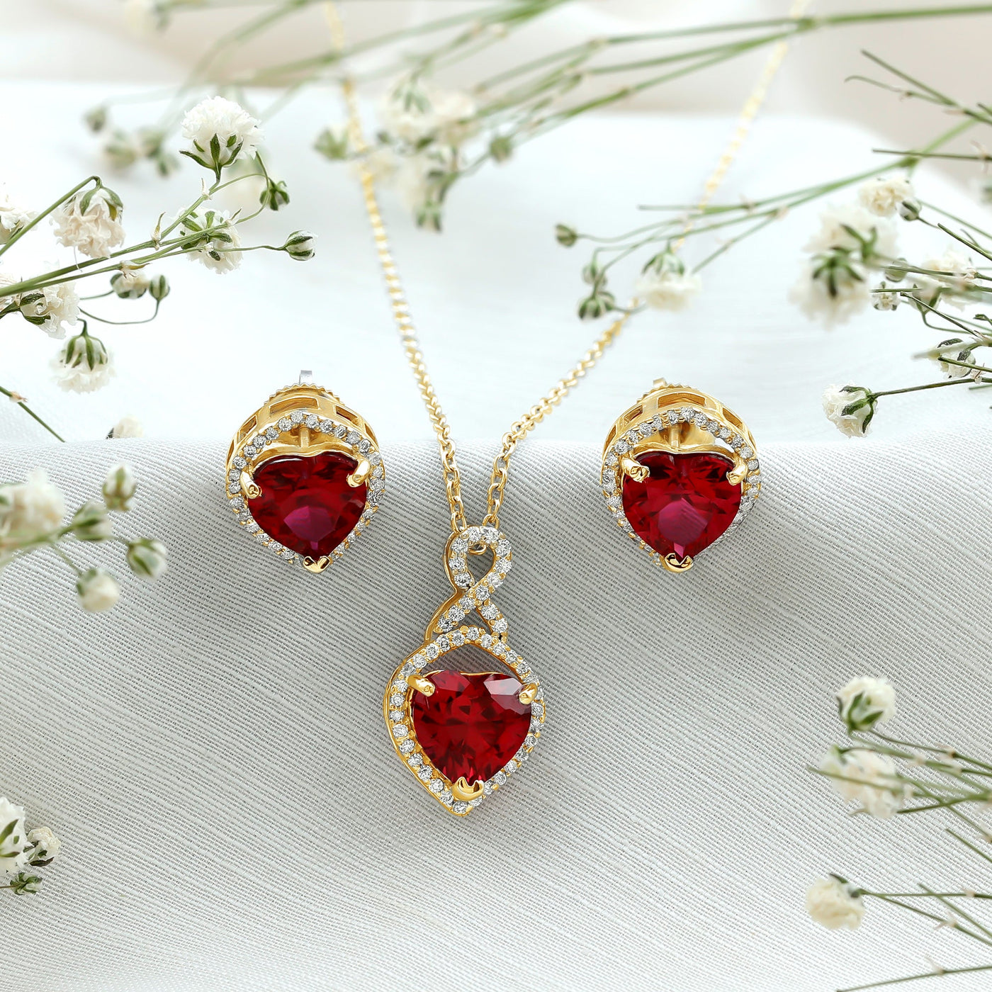6 Carat Heart Shape Lab Created Ruby Pendant and Earrings Set Rosec Jewels