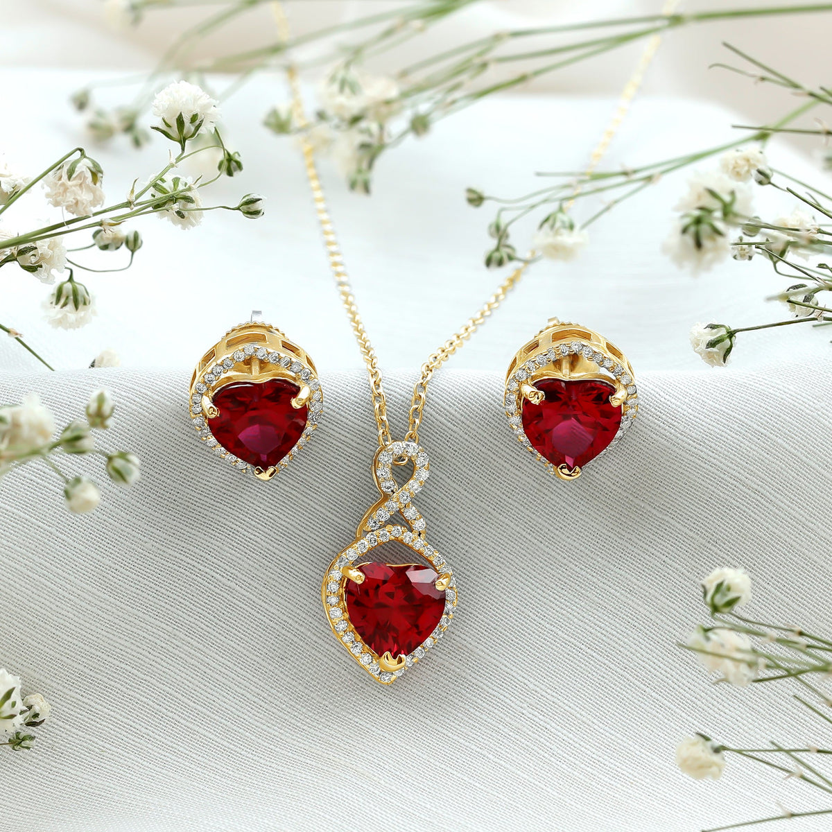 6 Carat Heart Shape Lab Created Ruby Pendant and Earrings Set Rosec Jewels
