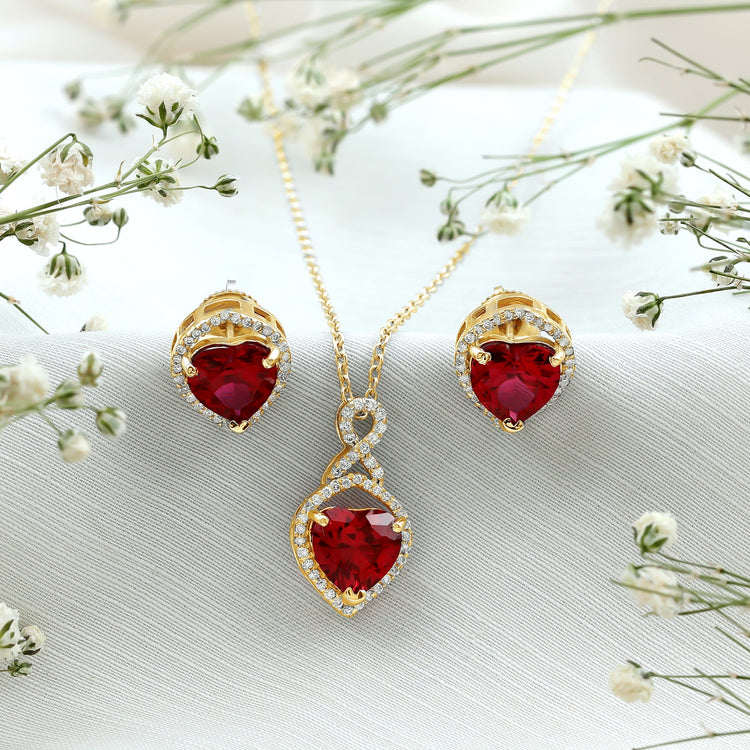 6 Carat Heart Shape Lab Created Ruby Pendant and Earrings Set Rosec Jewels