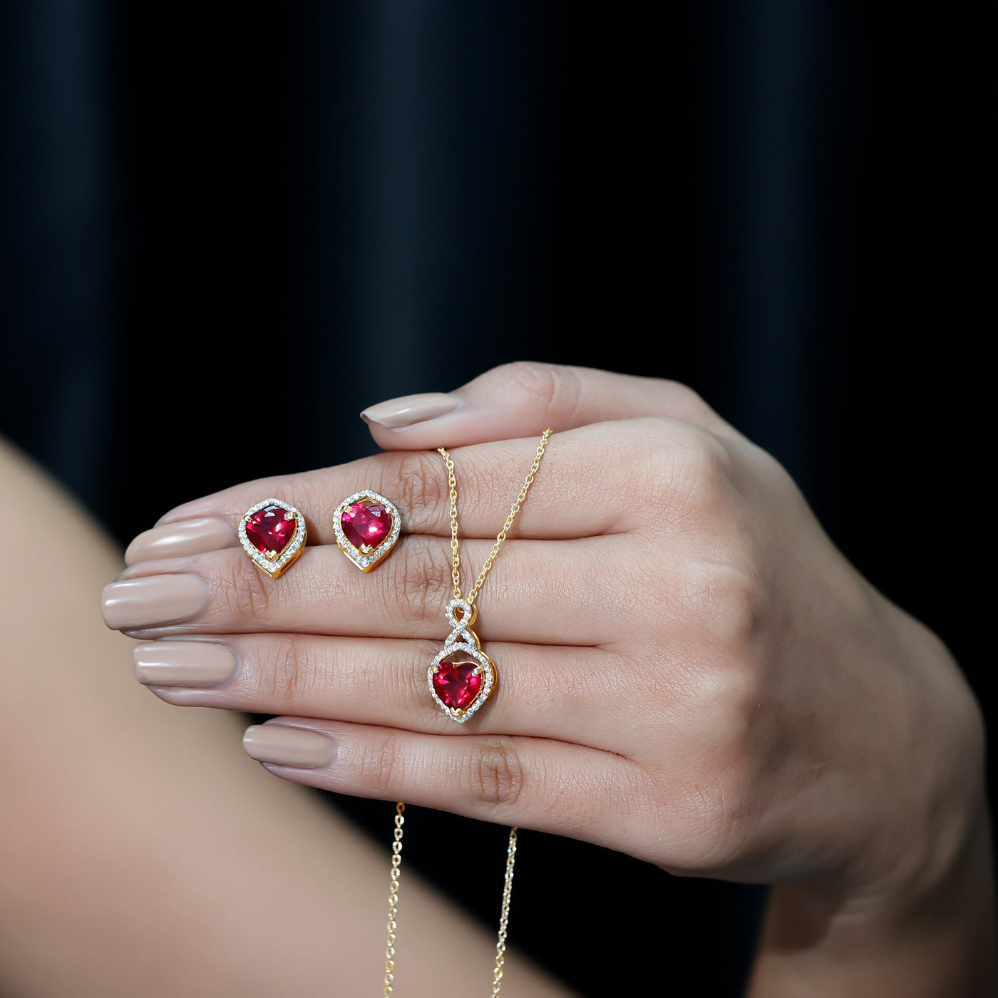 6 Carat Heart Shape Lab Created Ruby Pendant and Earrings Set Rosec Jewels