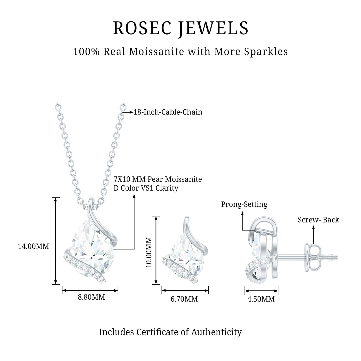 Pear and Round Shape Moissanite Teardrop Jewelry Set for Women Rosec Jewels