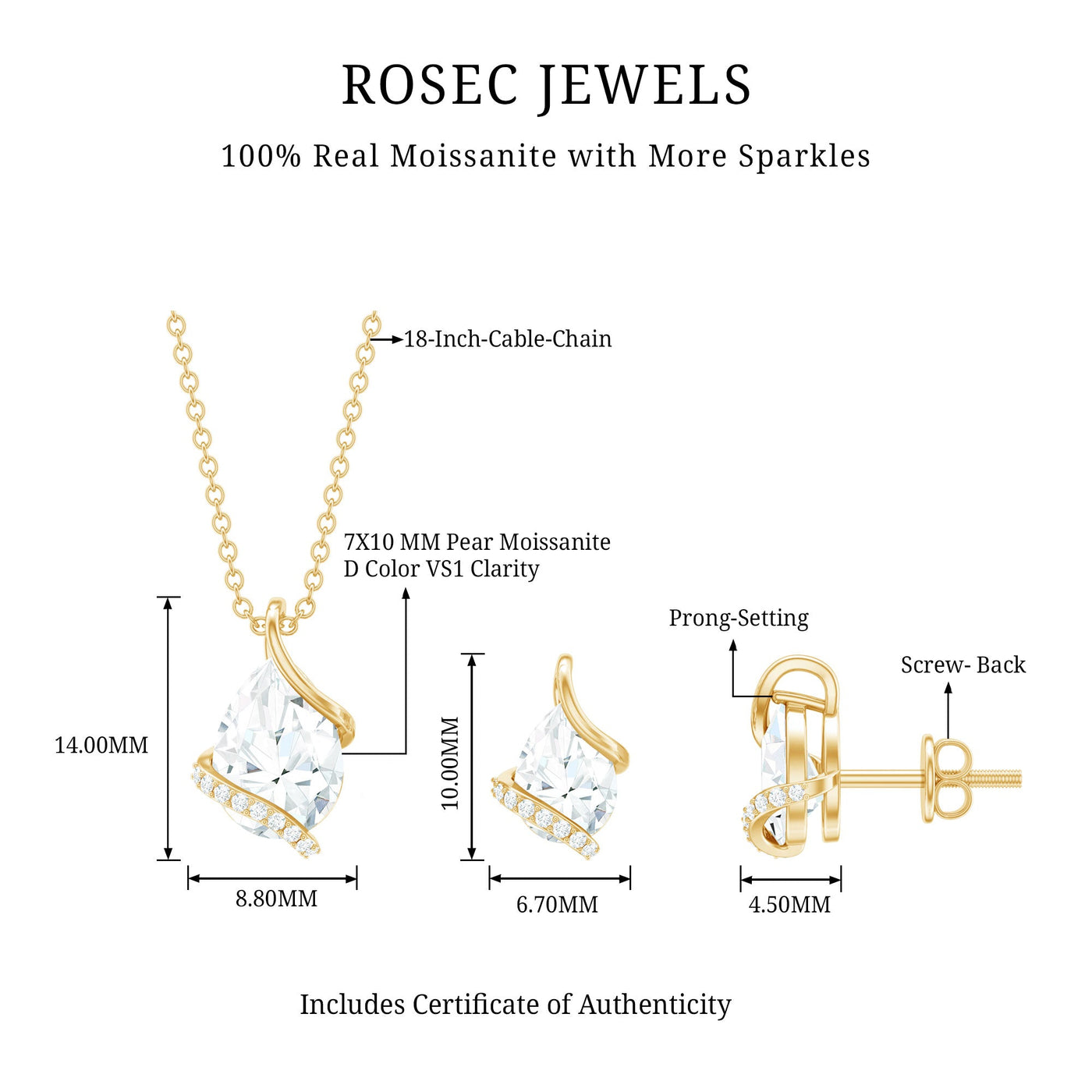 Pear and Round Shape Moissanite Teardrop Jewelry Set for Women Rosec Jewels