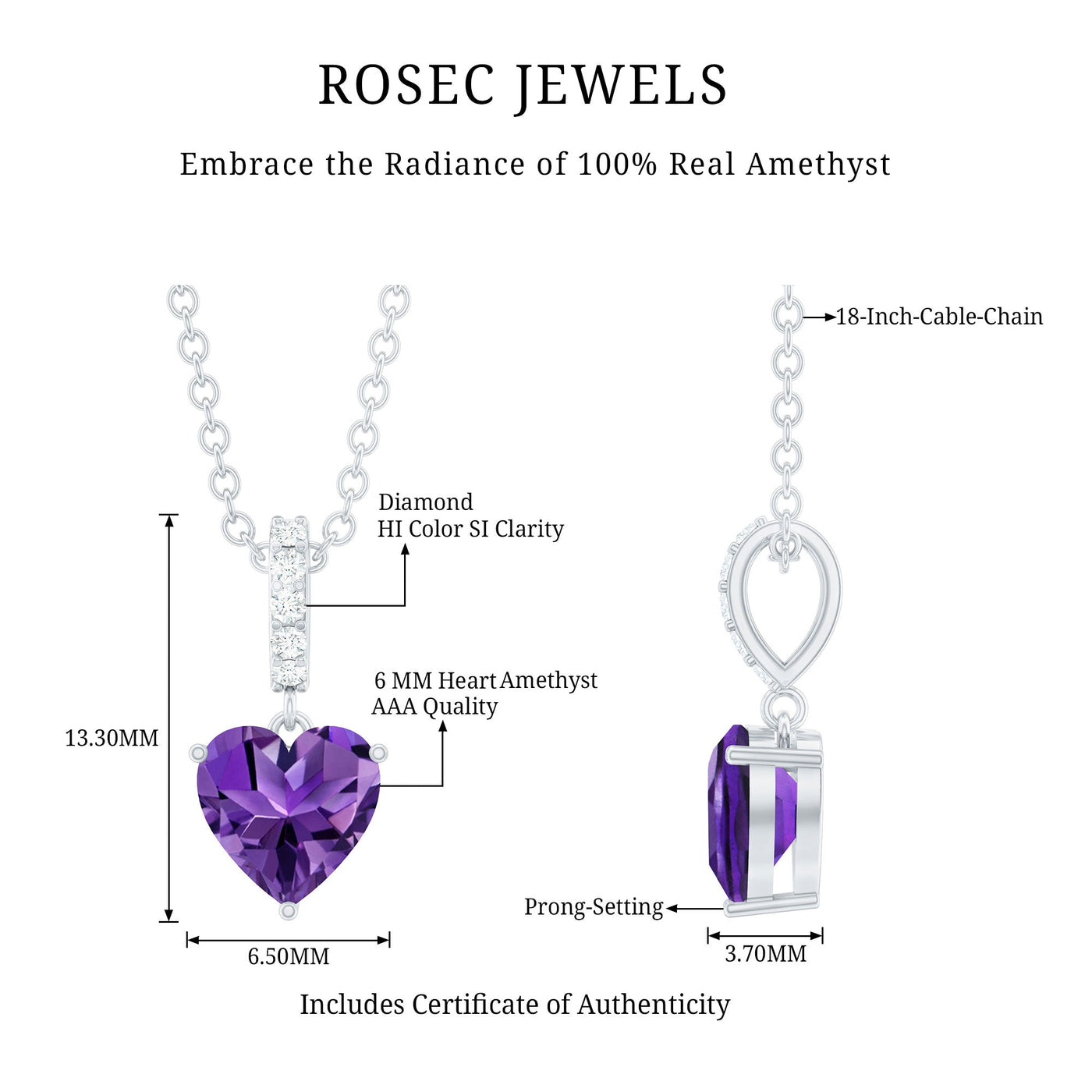 0.90 CT Natural Heart-Shaped Amethyst & Diamond Pendant Necklace Rosec Jewels