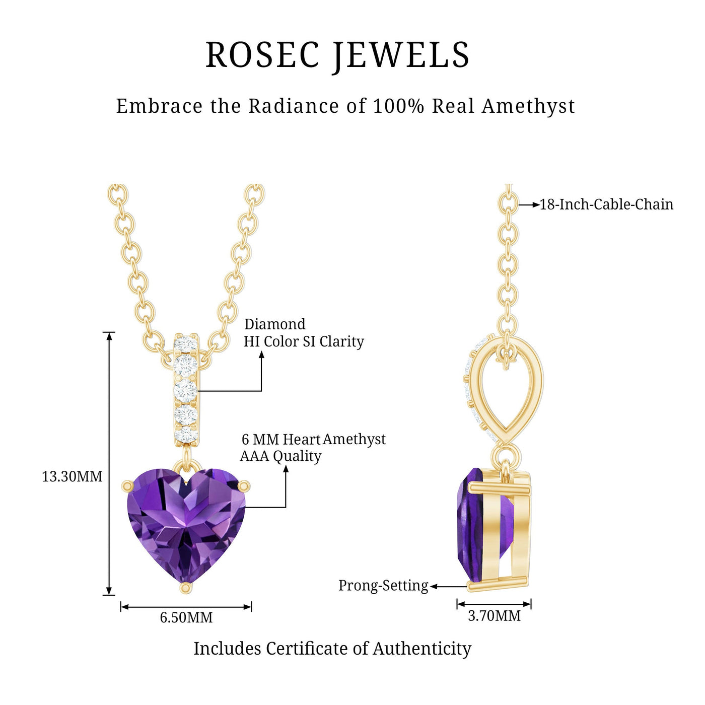 0.90 CT Natural Heart-Shaped Amethyst & Diamond Pendant Necklace Rosec Jewels