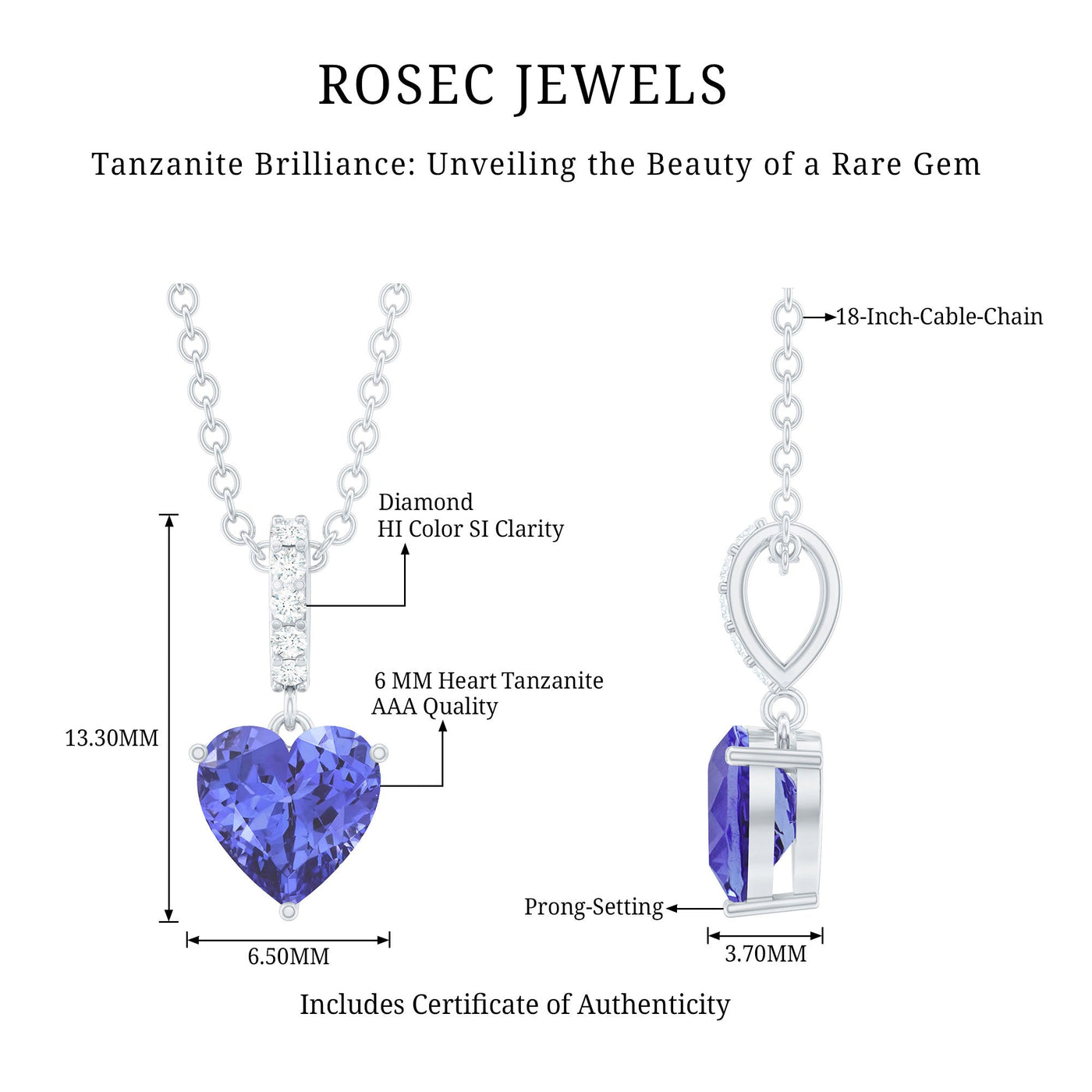 0.9 Carat Solitaire Tanzanite Heart Necklace with Diamond Bail Rosec Jewels
