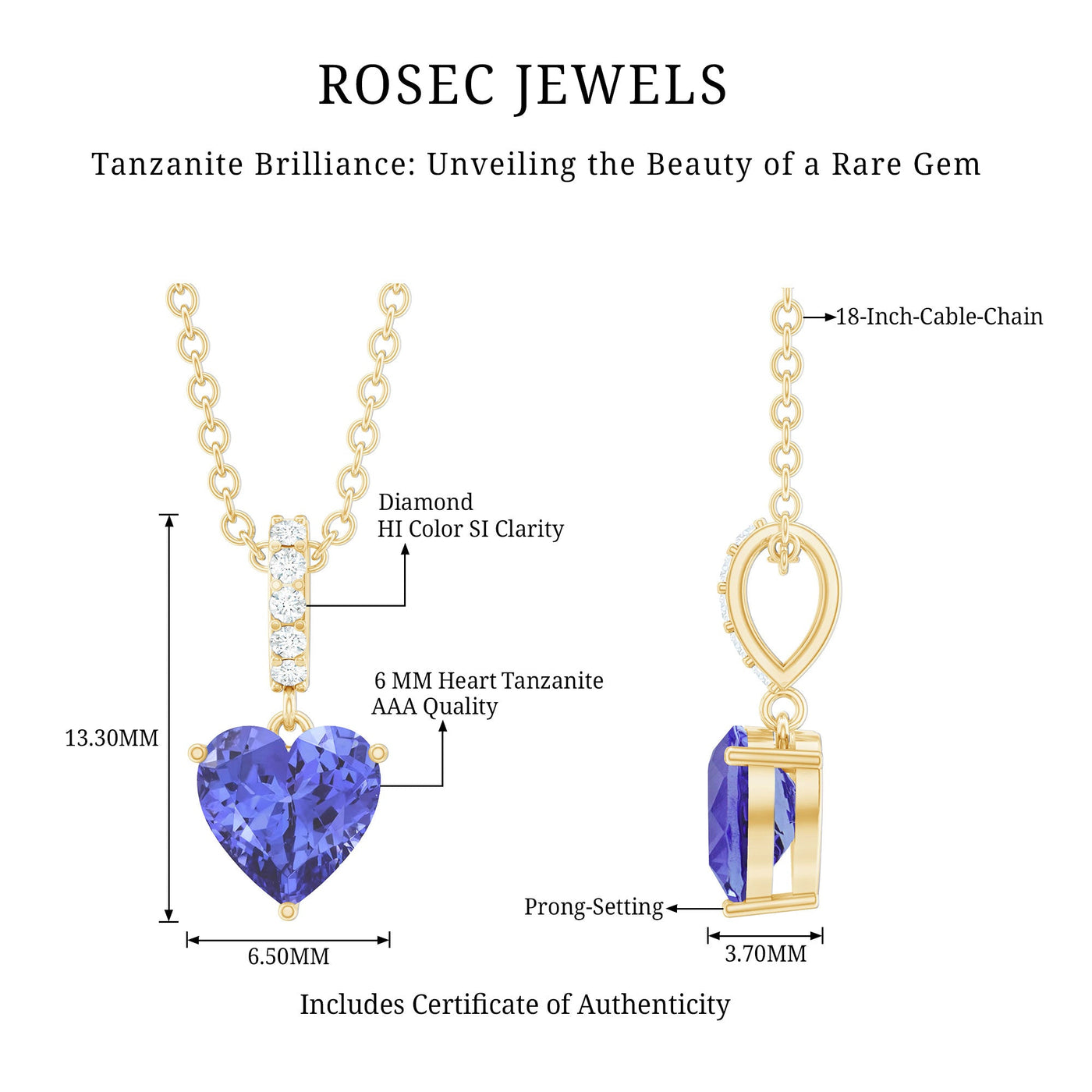 0.9 Carat Solitaire Tanzanite Heart Necklace with Diamond Bail Rosec Jewels
