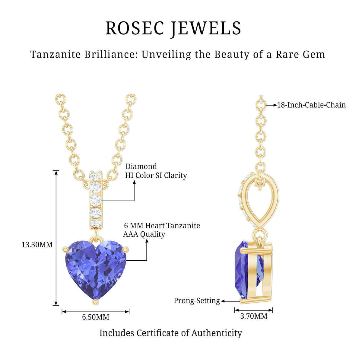 0.9 Carat Solitaire Tanzanite Heart Necklace with Diamond Bail Rosec Jewels