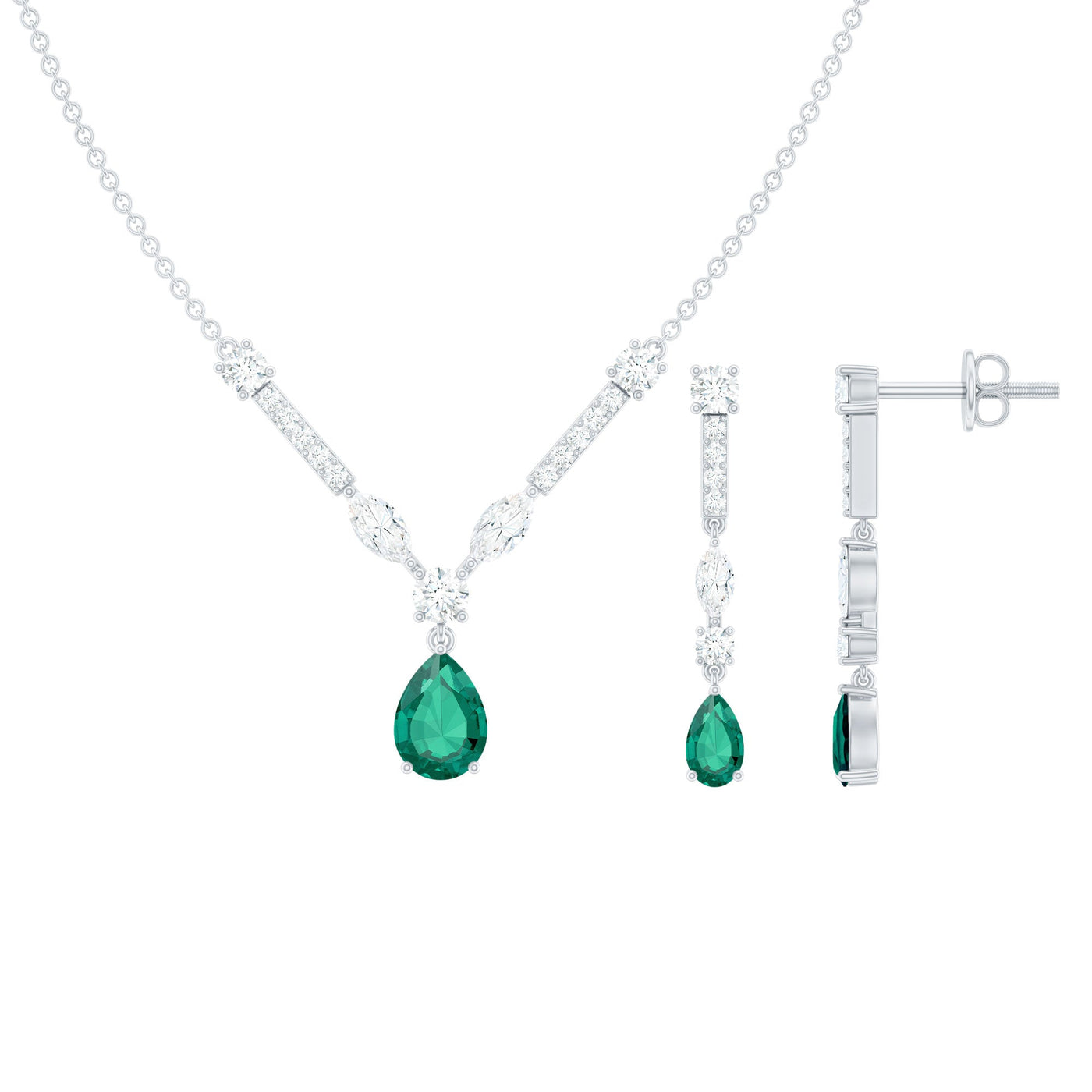 Lab Created Emerald and Moissanite Bridal Necklace Earrings Set Rosec Jewels