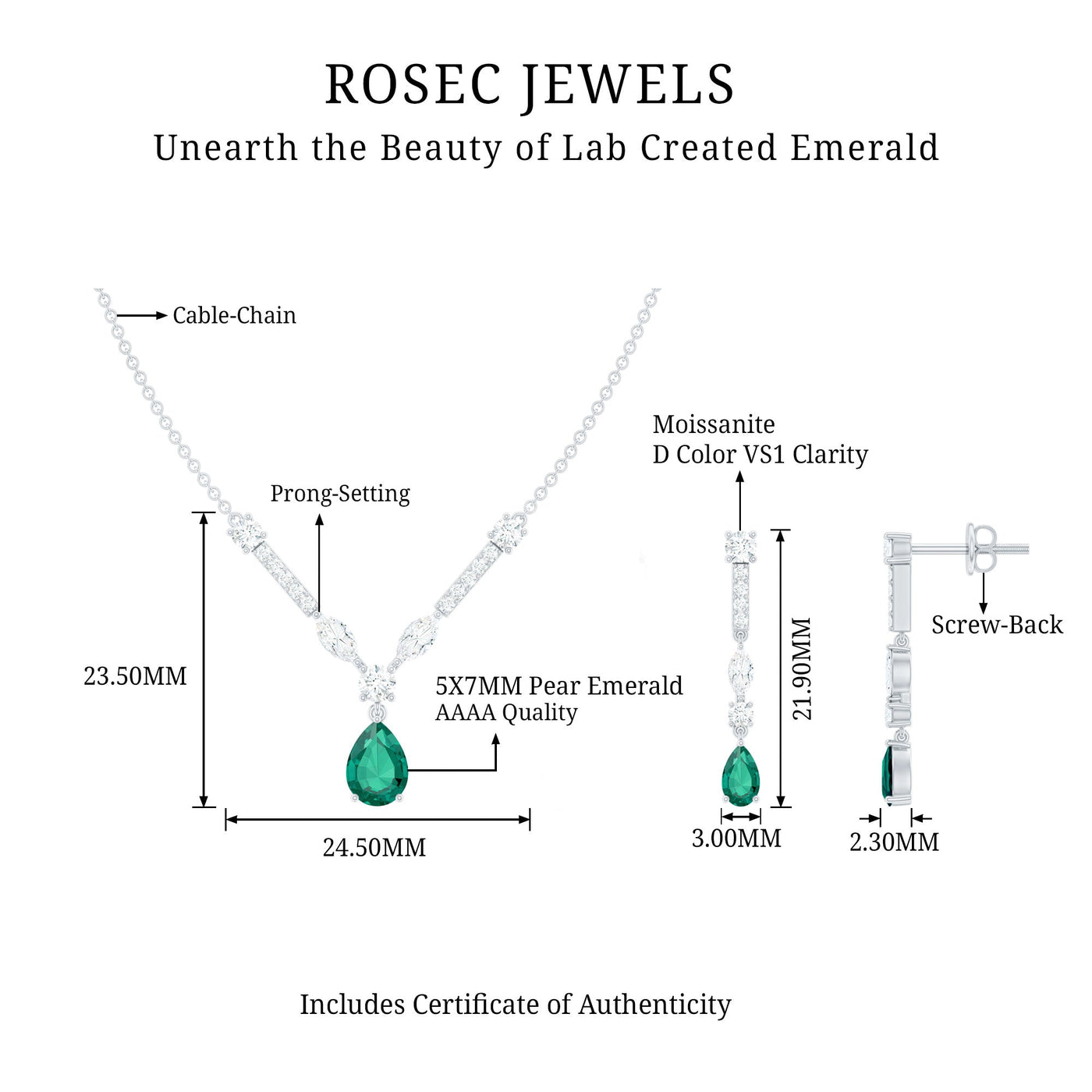 Lab Created Emerald and Moissanite Bridal Necklace Earrings Set Rosec Jewels
