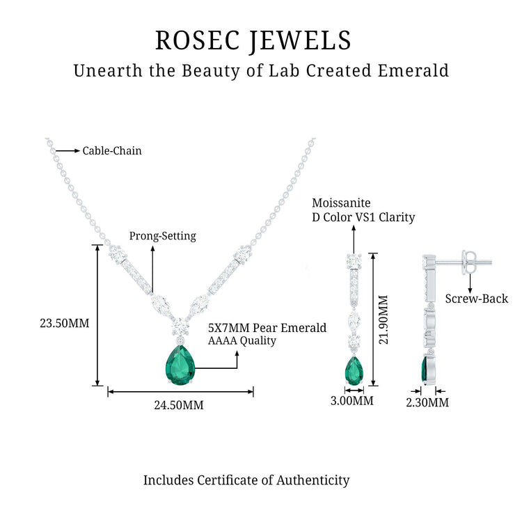 Lab Created Emerald and Moissanite Bridal Necklace Earrings Set Rosec Jewels