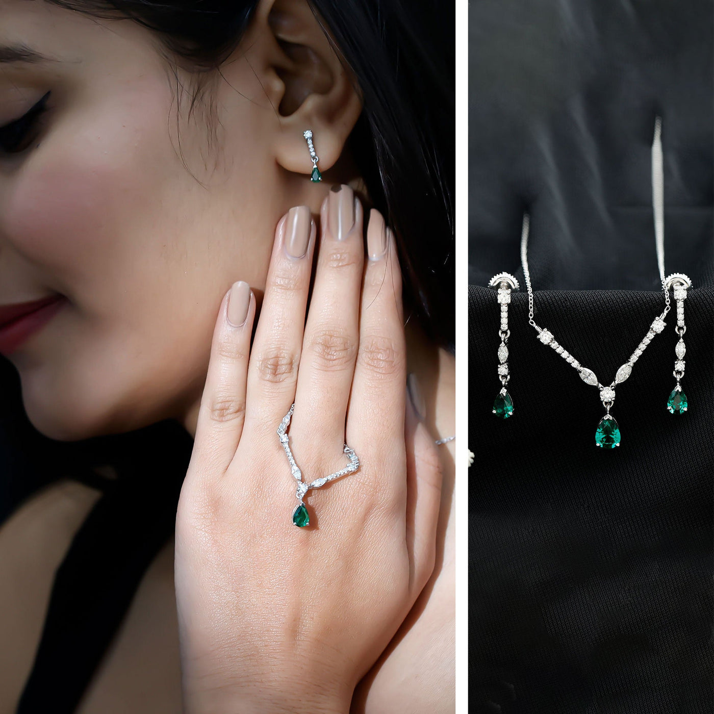 Lab Created Emerald and Moissanite Bridal Necklace Earrings Set Rosec Jewels