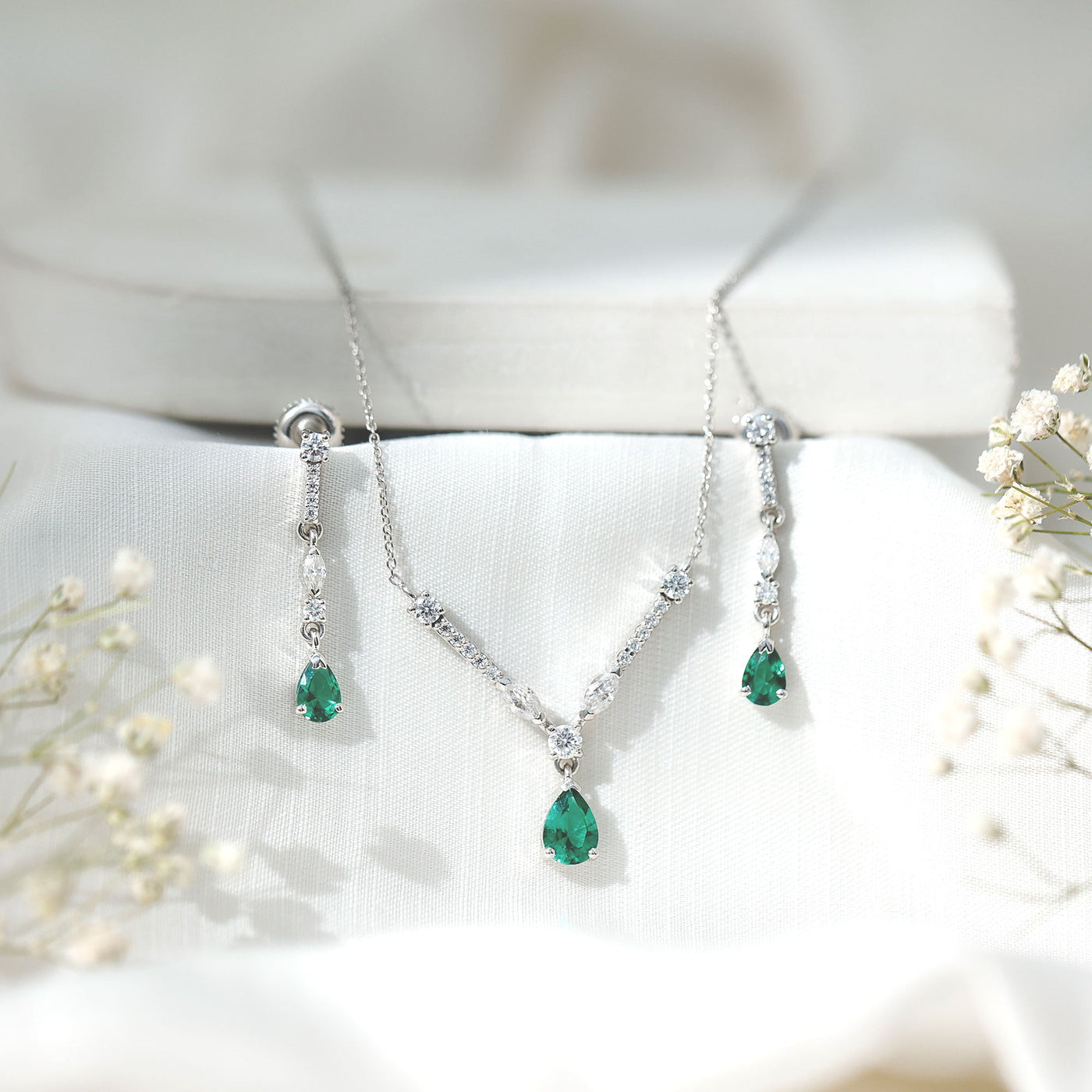 Lab Created Emerald and Moissanite Bridal Necklace Earrings Set Rosec Jewels