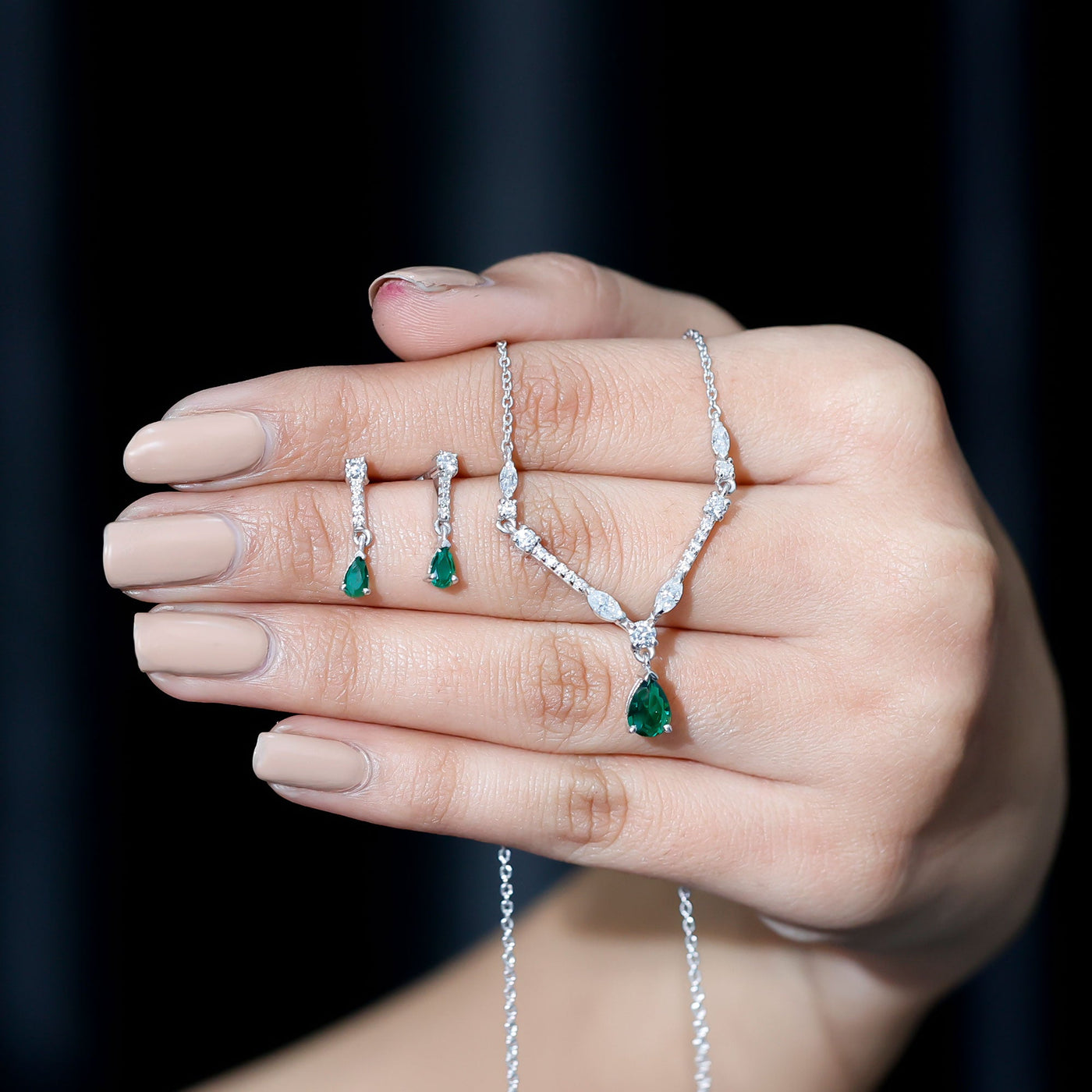 Lab Created Emerald and Moissanite Bridal Necklace Earrings Set Rosec Jewels