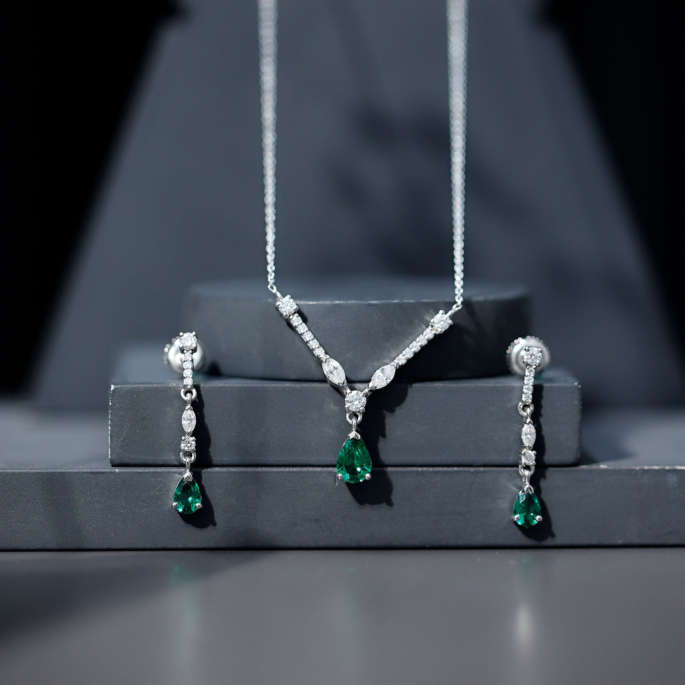 Lab Created Emerald and Moissanite Bridal Necklace Earrings Set Rosec Jewels