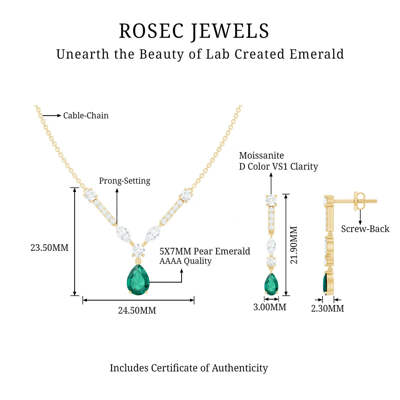 Lab Created Emerald and Moissanite Bridal Necklace Earrings Set Rosec Jewels