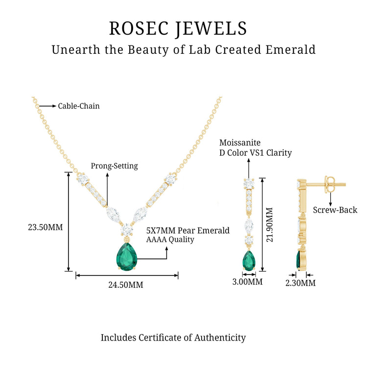 Lab Created Emerald and Moissanite Bridal Necklace Earrings Set Rosec Jewels