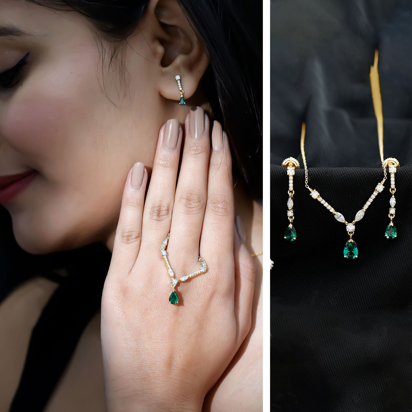 Lab Created Emerald and Moissanite Bridal Necklace Earrings Set Rosec Jewels