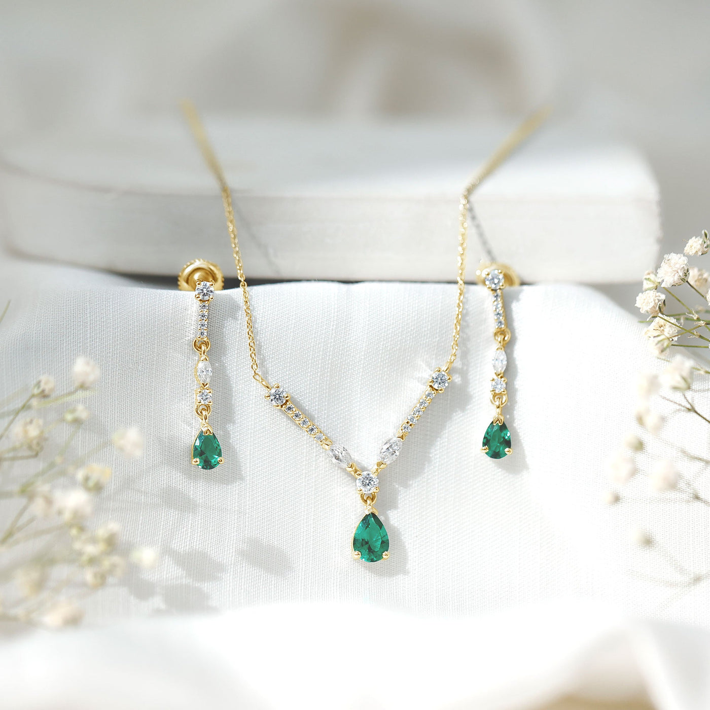 Lab Created Emerald and Moissanite Bridal Necklace Earrings Set Rosec Jewels