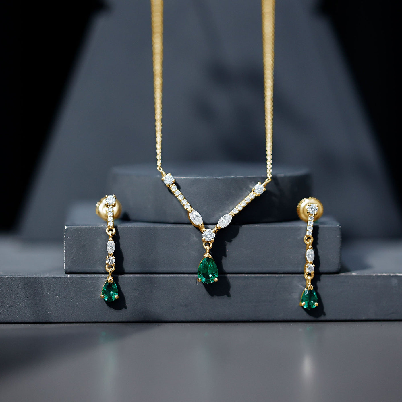 Lab Created Emerald and Moissanite Bridal Necklace Earrings Set Rosec Jewels