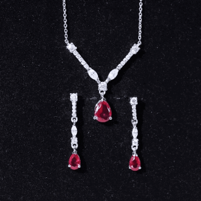 Lab Created Ruby and Moissanite Teardrop Necklace Earrings Set Rosec Jewels