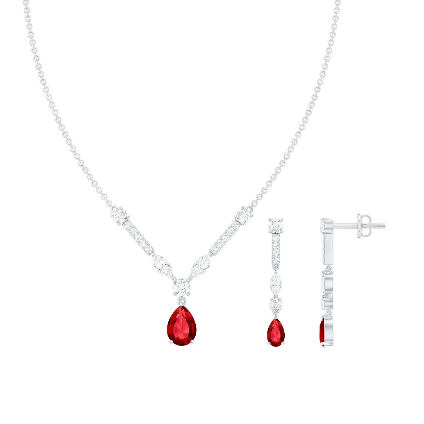 Lab Created Ruby and Moissanite Teardrop Necklace Earrings Set Rosec Jewels