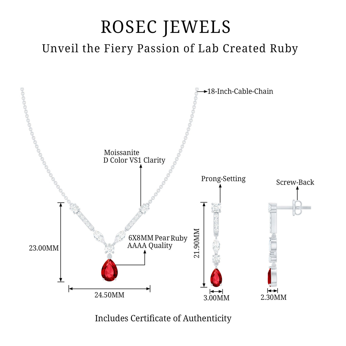Lab Created Ruby and Moissanite Teardrop Necklace Earrings Set Rosec Jewels