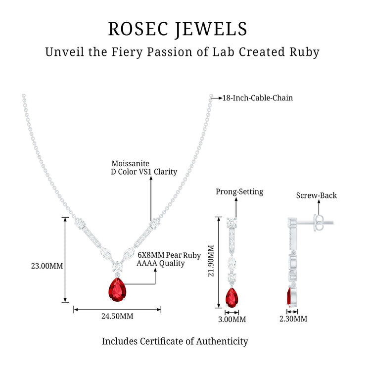 Lab Created Ruby and Moissanite Teardrop Necklace Earrings Set Rosec Jewels