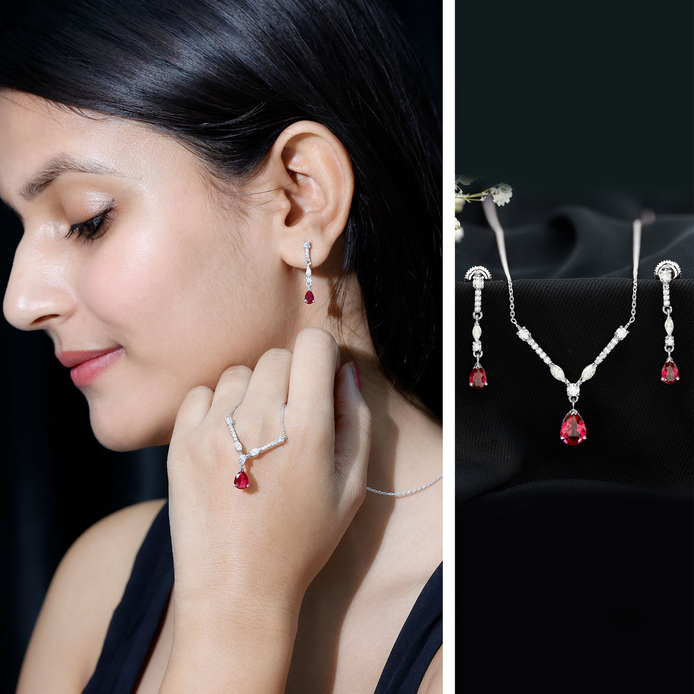 Lab Created Ruby and Moissanite Teardrop Necklace Earrings Set Rosec Jewels