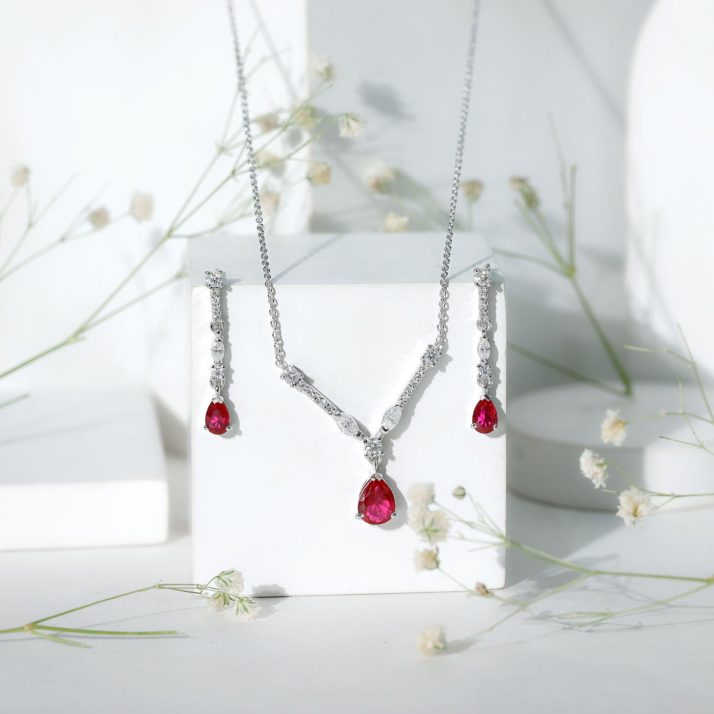 Lab Created Ruby and Moissanite Teardrop Necklace Earrings Set Rosec Jewels