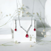 Lab Created Ruby and Moissanite Teardrop Necklace Earrings Set Rosec Jewels