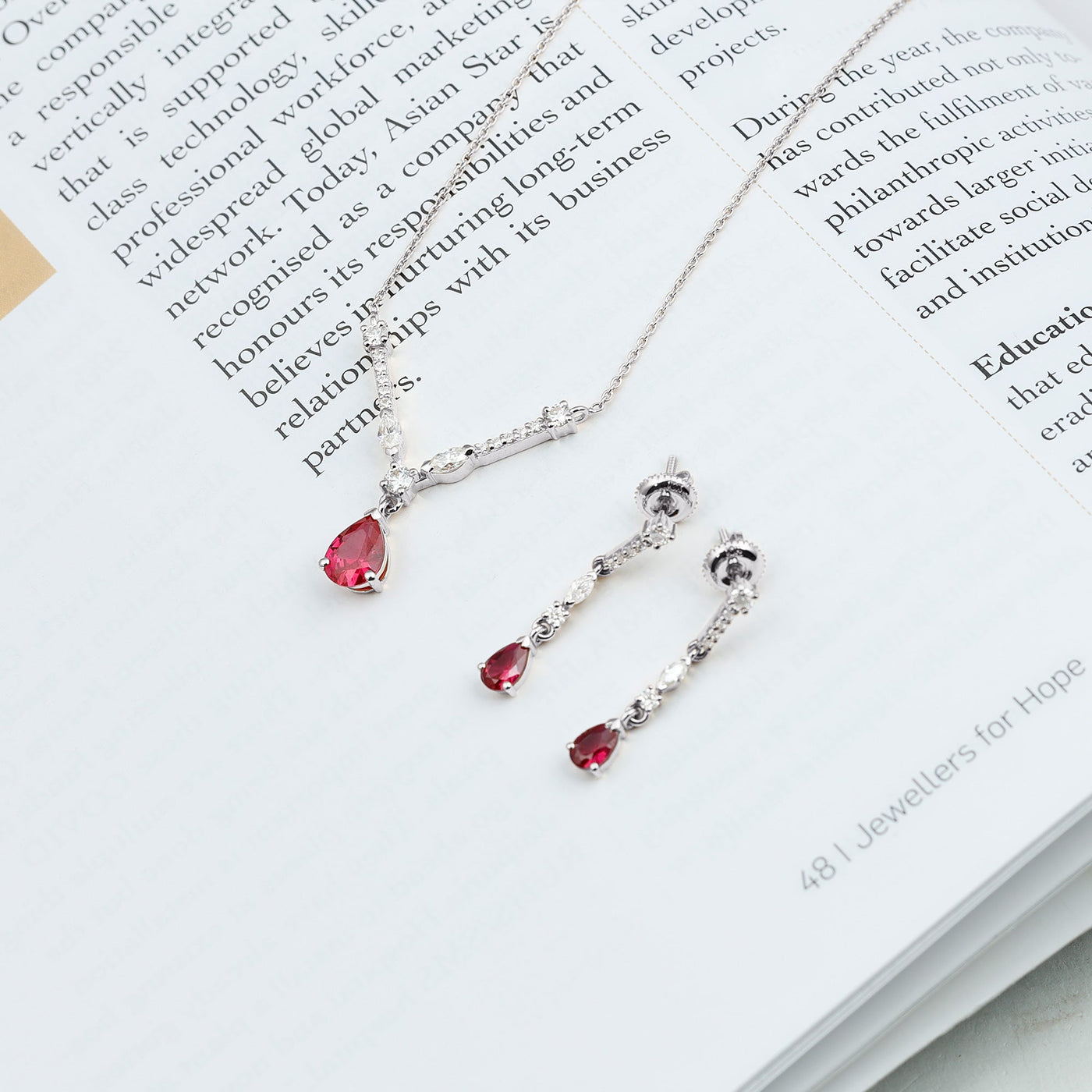 Lab Created Ruby and Moissanite Teardrop Necklace Earrings Set Rosec Jewels