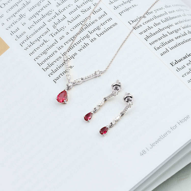 Lab Created Ruby and Moissanite Teardrop Necklace Earrings Set Rosec Jewels