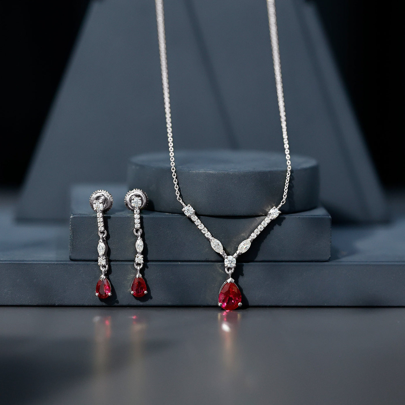 Lab Created Ruby and Moissanite Teardrop Necklace Earrings Set Rosec Jewels