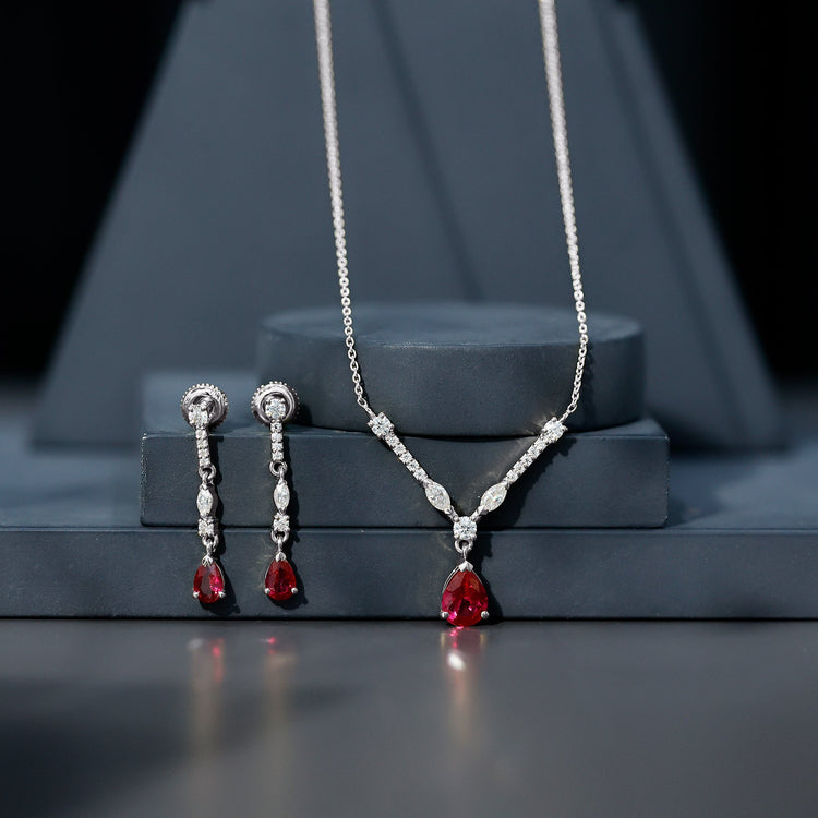 Lab Created Ruby and Moissanite Teardrop Necklace Earrings Set Rosec Jewels