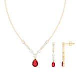 Lab Created Ruby and Moissanite Teardrop Necklace Earrings Set Rosec Jewels