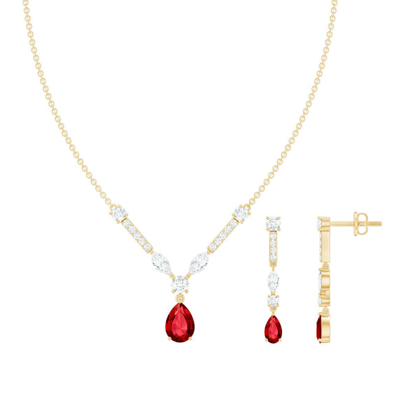 Lab Created Ruby and Moissanite Teardrop Necklace Earrings Set Rosec Jewels