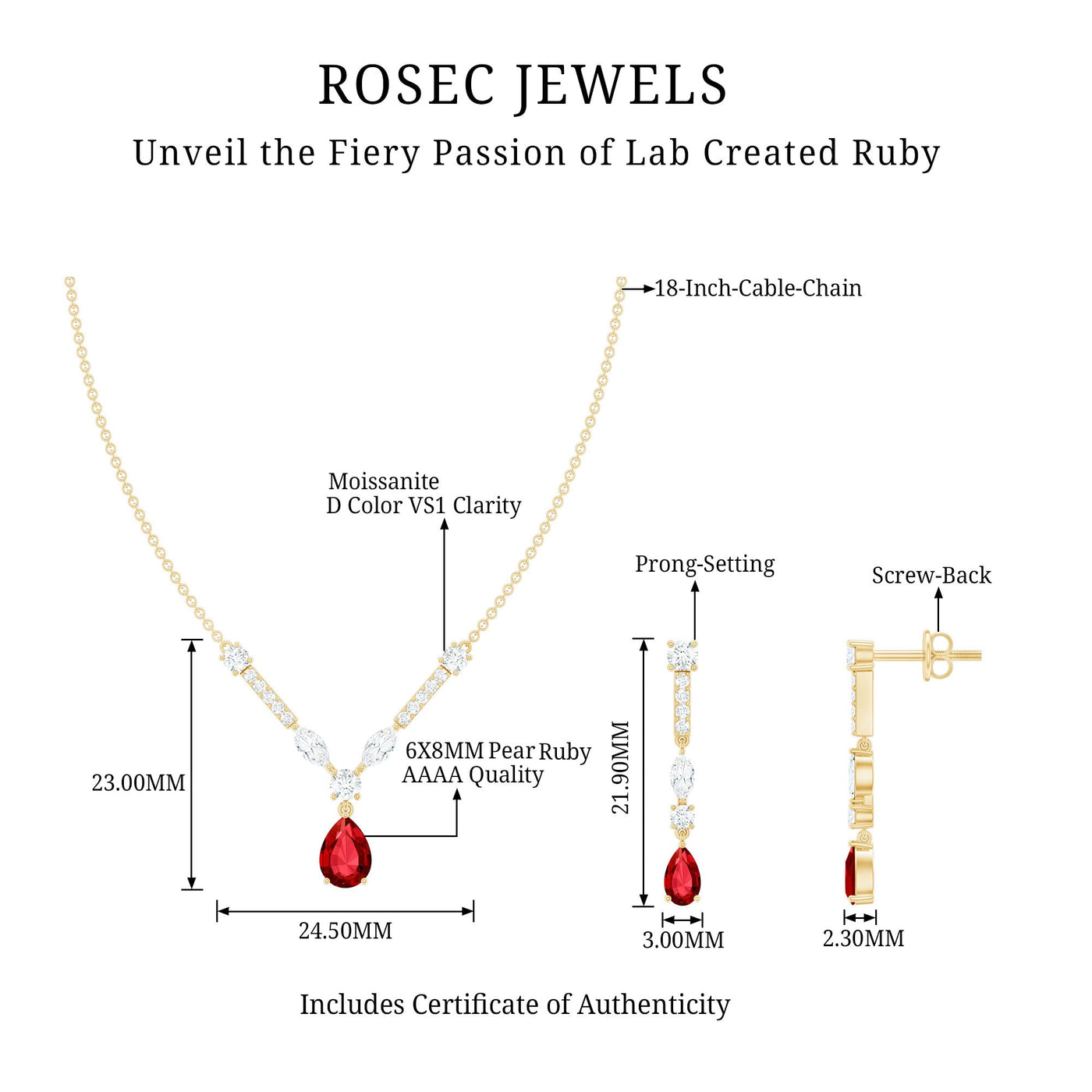 Lab Created Ruby and Moissanite Teardrop Necklace Earrings Set Rosec Jewels