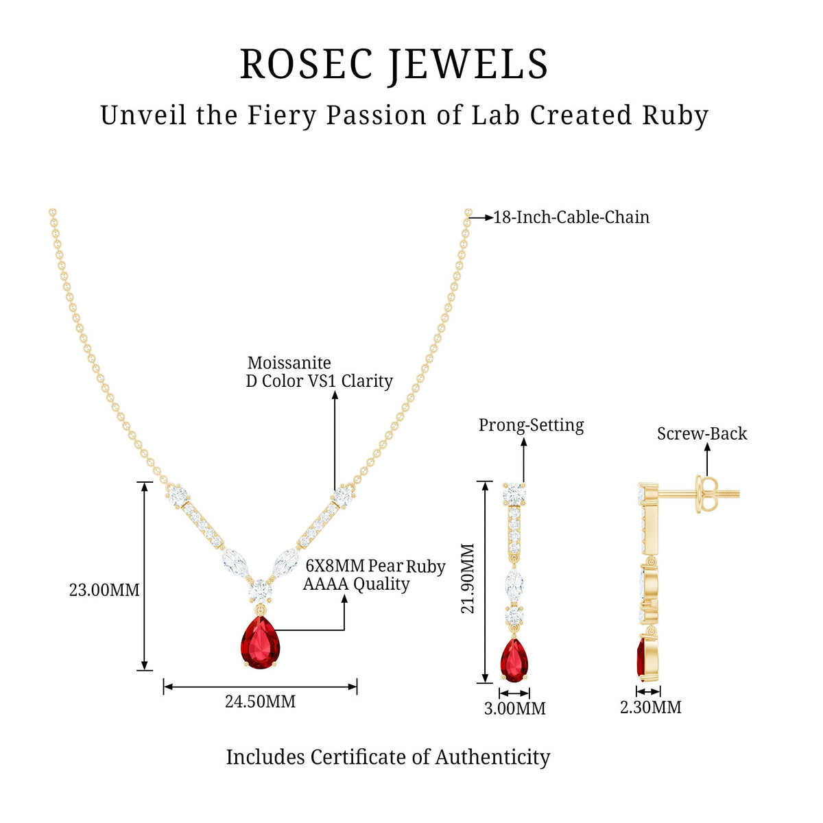 Lab Created Ruby and Moissanite Teardrop Necklace Earrings Set Rosec Jewels