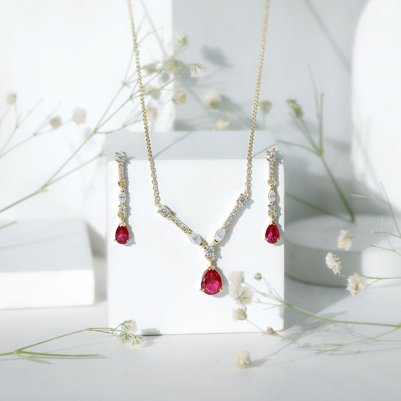 Lab Created Ruby and Moissanite Teardrop Necklace Earrings Set Rosec Jewels