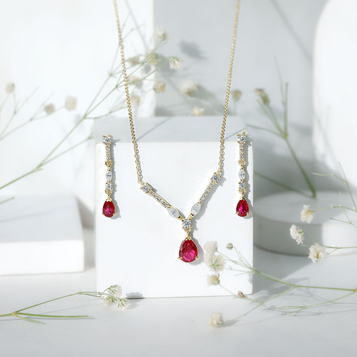 Lab Created Ruby and Moissanite Teardrop Necklace Earrings Set Rosec Jewels