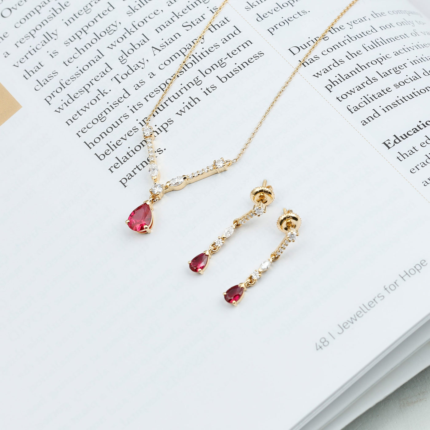 Lab Created Ruby and Moissanite Teardrop Necklace Earrings Set Rosec Jewels