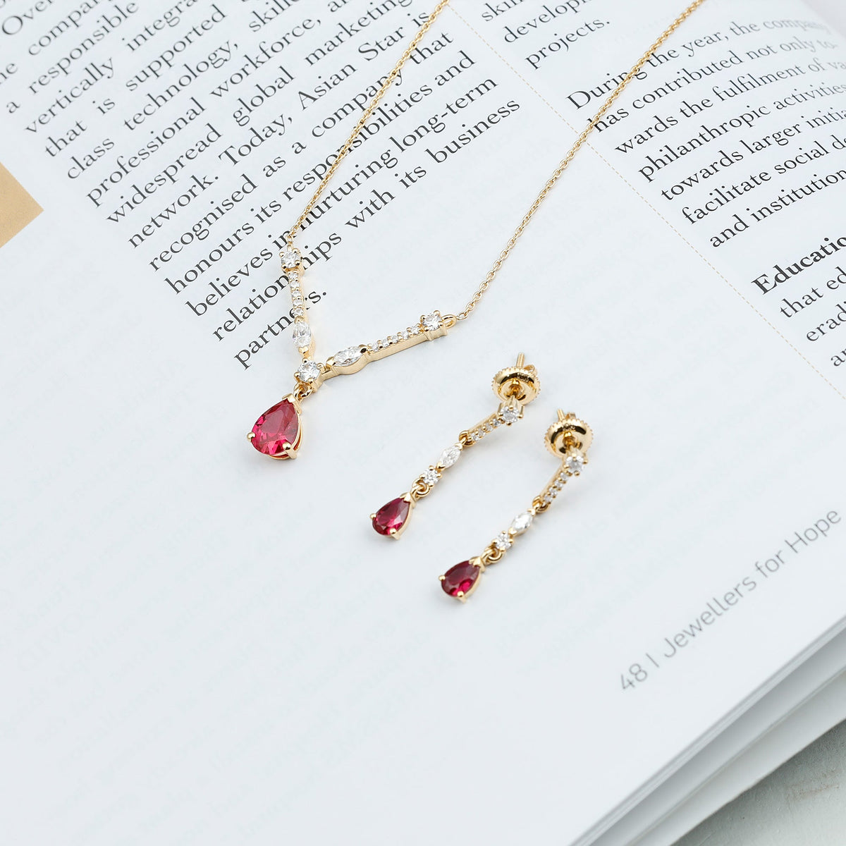 Lab Created Ruby and Moissanite Teardrop Necklace Earrings Set Rosec Jewels