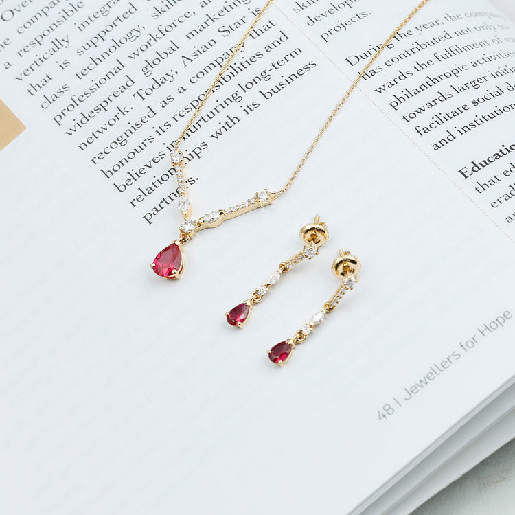 Lab Created Ruby and Moissanite Teardrop Necklace Earrings Set Rosec Jewels