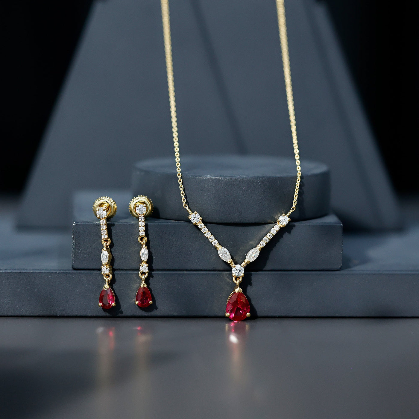 Lab Created Ruby and Moissanite Teardrop Necklace Earrings Set Rosec Jewels