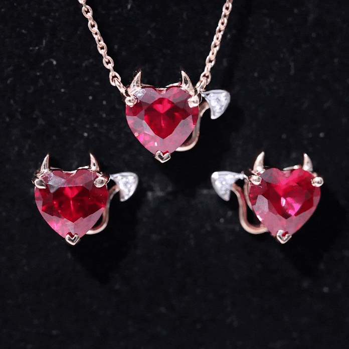 Lab Grown Ruby Heart Necklace And Earrings Set With Diamond Rosec Jewels