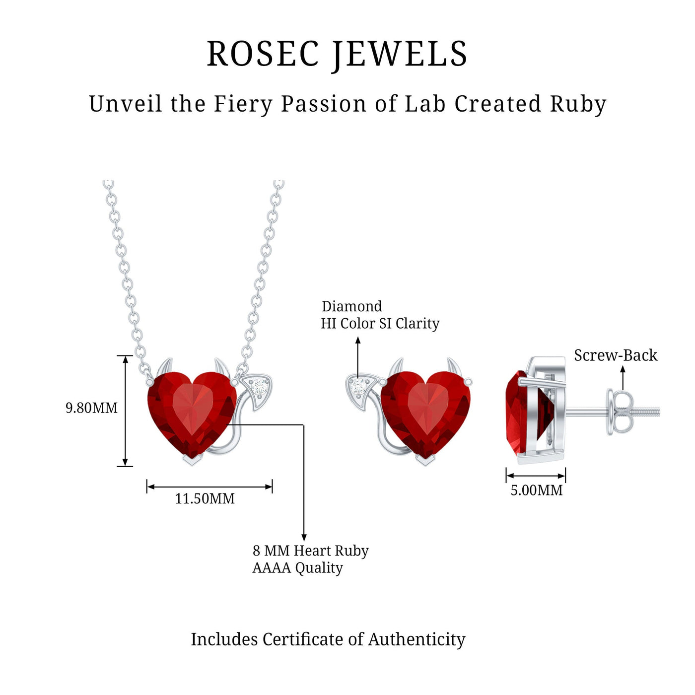 Lab Grown Ruby Heart Necklace And Earrings Set With Diamond Rosec Jewels